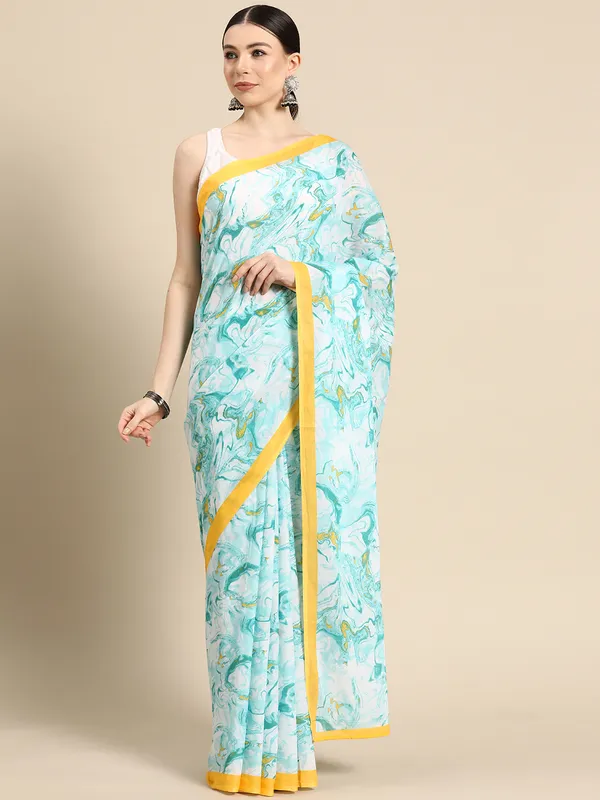 Turquoise_Blue_Printed_Pure_Cotton_Saree_For_Women