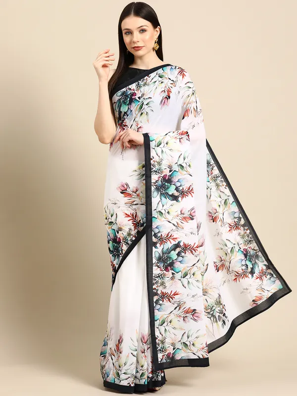 White_Floral_Printed_Pure_Cotton_Saree_For_Women