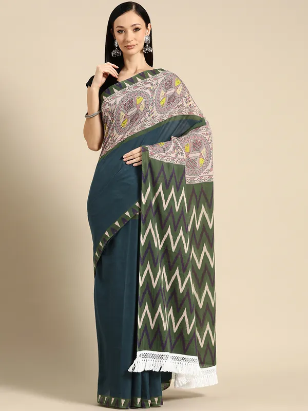 Teal_Floral_Printed_Pure_Cotton_Saree_For_Women