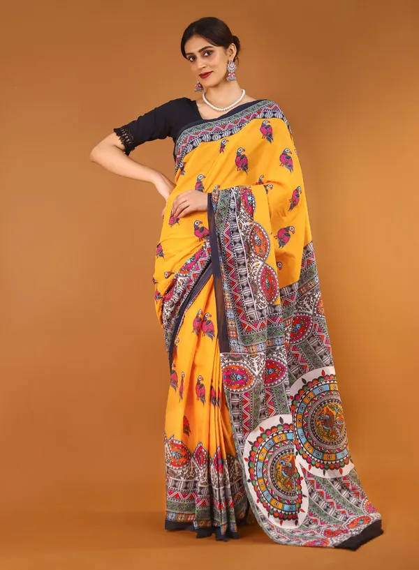 Yellow_Ethnic_Motifs_Printed_Pure_Cotton_Saree_For_Women