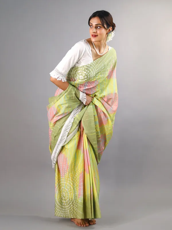 Green_Tie_And_Dye_Printed_Pure_Cotton_Saree_For_Women