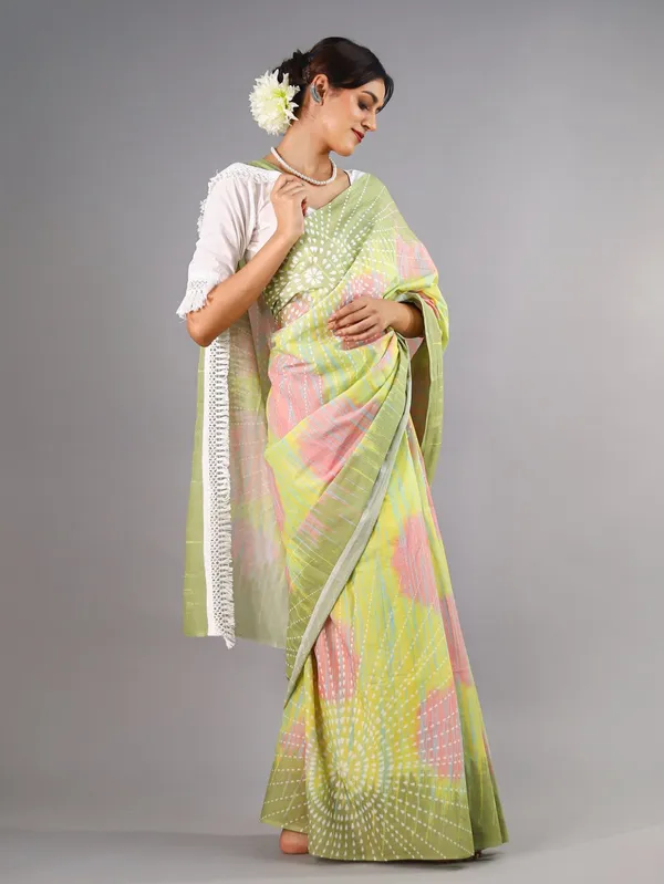 Green_Tie_And_Dye_Printed_Pure_Cotton_Saree_For_Women
