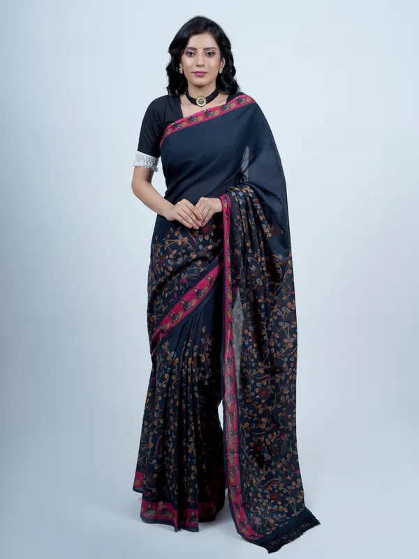 Navy_Blue_Kalamkari_Printed_Pure_Cotton_Saree_For_Women