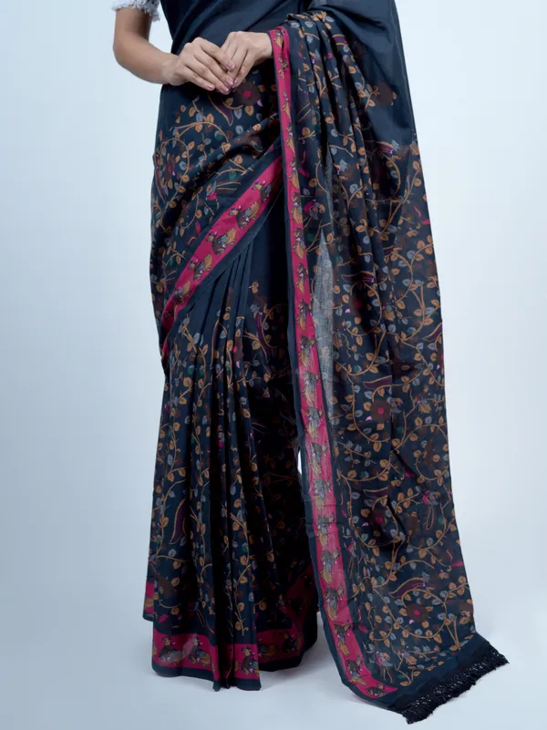 Navy_Blue_Kalamkari_Printed_Pure_Cotton_Saree_For_Women