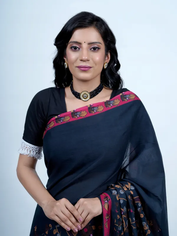 Navy_Blue_Kalamkari_Printed_Pure_Cotton_Saree_For_Women