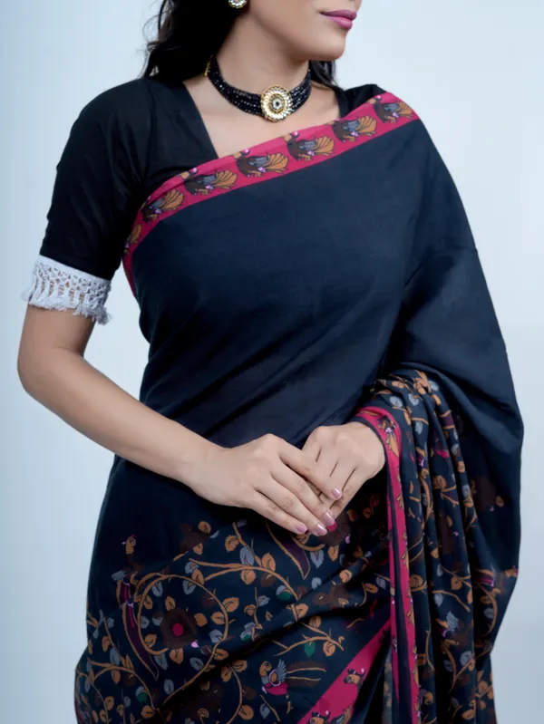 Navy_Blue_Kalamkari_Printed_Pure_Cotton_Saree_For_Women