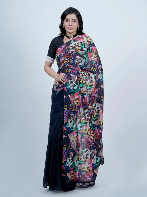 Navy_Blue_Floral_Printed_Pure_Cotton_Saree_For_Women