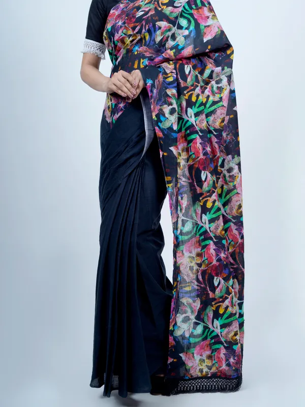 Navy_Blue_Floral_Printed_Pure_Cotton_Saree_For_Women