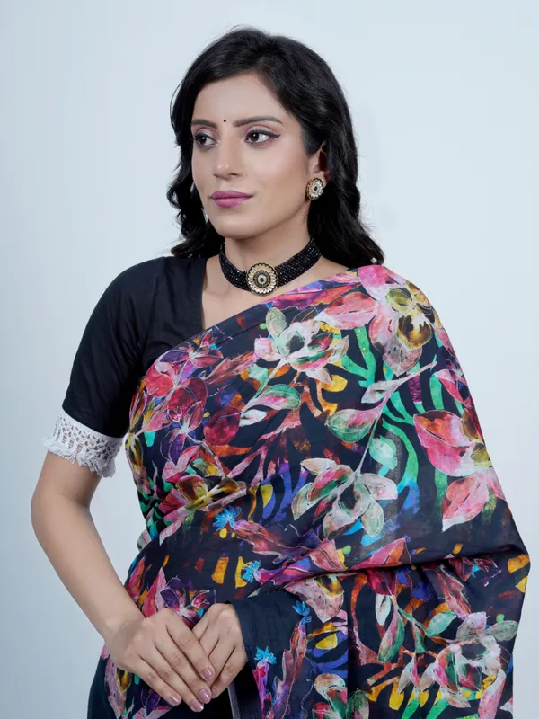 Navy_Blue_Floral_Printed_Pure_Cotton_Saree_For_Women