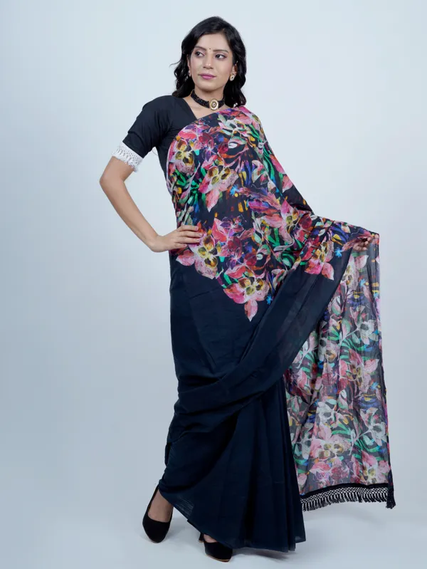 Navy_Blue_Floral_Printed_Pure_Cotton_Saree_For_Women