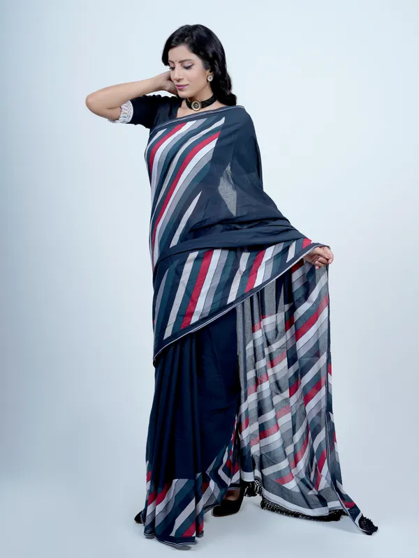 Navy_Blue_Striped_Printed_Pure_Cotton_Saree_For_Women