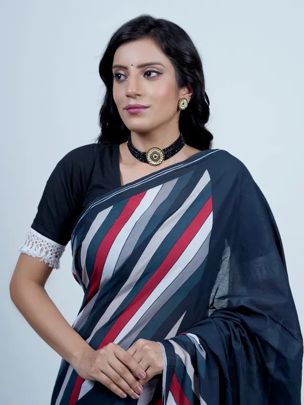Navy_Blue_Striped_Printed_Pure_Cotton_Saree_For_Women