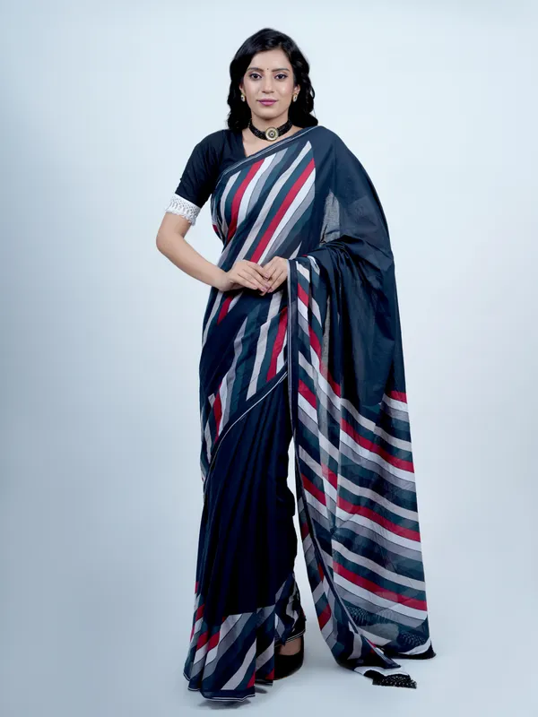Navy_Blue_Striped_Printed_Pure_Cotton_Saree_For_Women