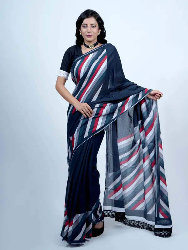 Navy_Blue_Striped_Printed_Pure_Cotton_Saree_For_Women