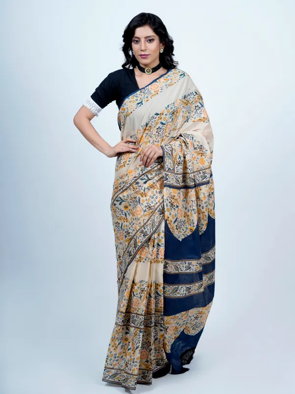 Beige_Floral_Printed_Pure_Cotton_Saree_For_Women
