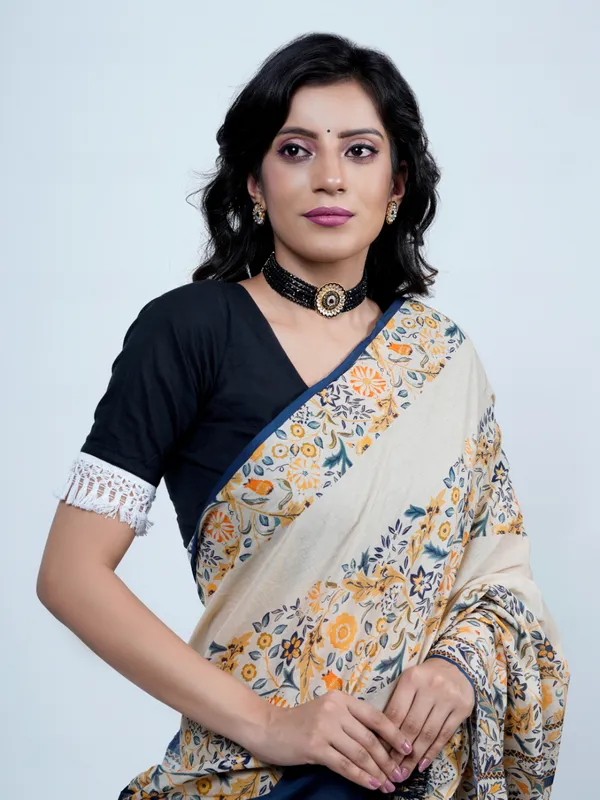 Beige_Floral_Printed_Pure_Cotton_Saree_For_Women