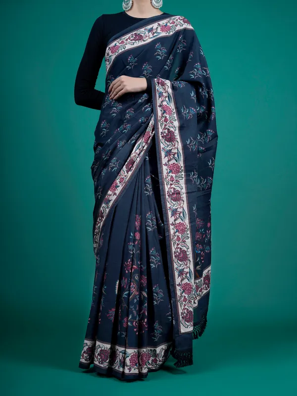 Blue_Floral_Pure_Cotton_Saree_For_Women