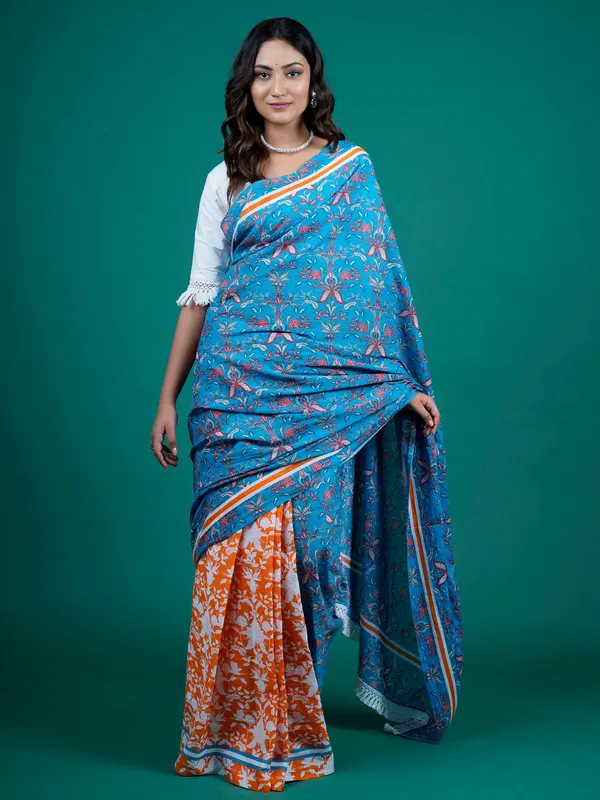 Blue_Floral_Printed_Pure_Cotton_Saree_For_Women