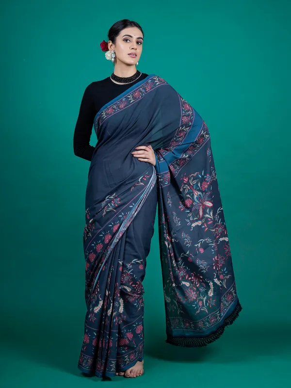 Blue_Floral_Printed_Pure_Cotton_Saree_For_Women