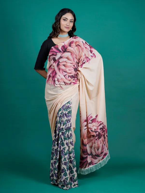 Beige_Floral_Printed_Pure_Cotton_Saree_For_Women
