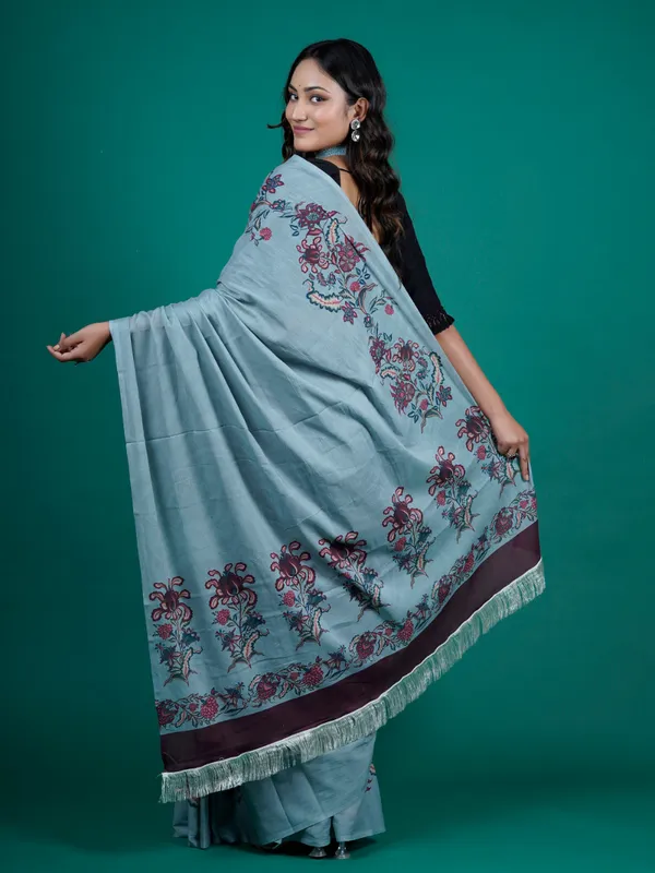 Blue_Floral_Printed_Pure_Cotton_Saree_For_Women