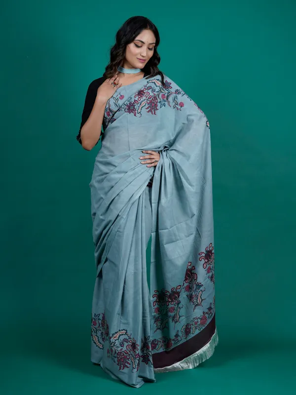 Blue_Floral_Printed_Pure_Cotton_Saree_For_Women
