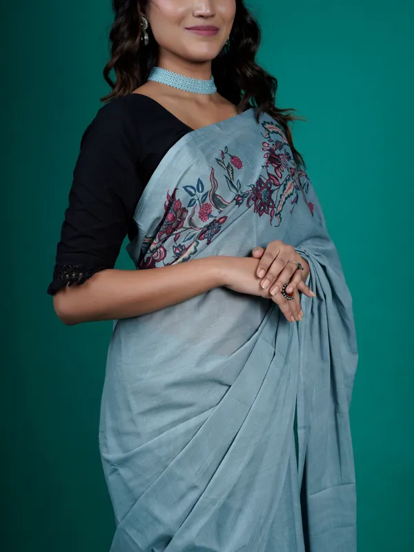 Blue_Floral_Printed_Pure_Cotton_Saree_For_Women