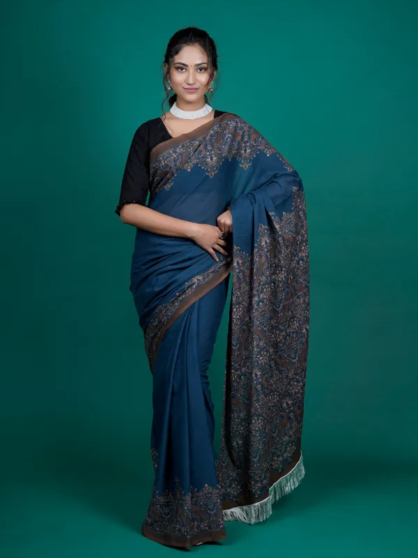 Navy_Blue_Ethnic_Printed_Pure_Cotton_Tasselled_Saree_For_Women