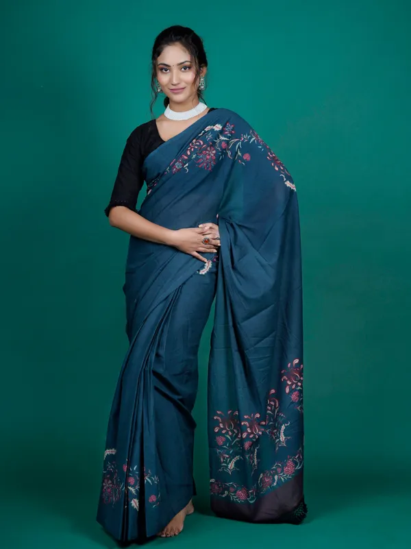 Navy_Blue_Navy_Floral_Printed_Pure_Cotton_Saree_For_Women