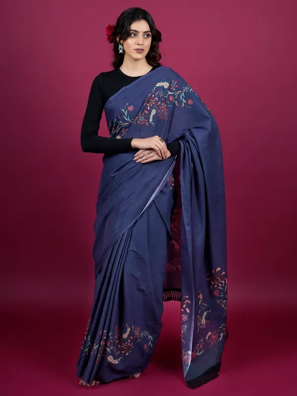 Navy_Blue_Floral_Printed_Pure_Cotton_Saree_For_Women