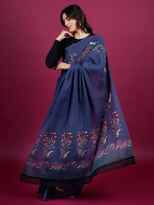 Navy_Blue_Floral_Printed_Pure_Cotton_Saree_For_Women