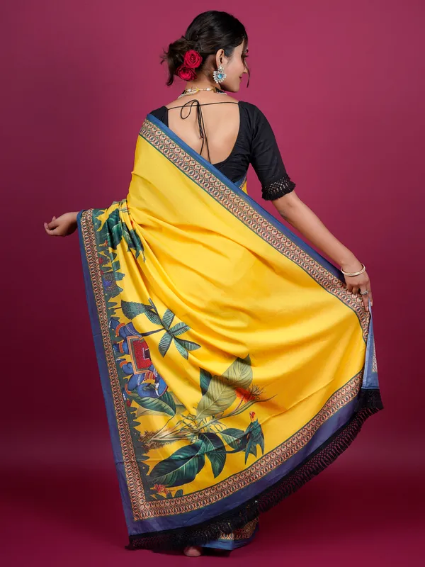 Yellow_Botanical_Printed_Pure_Cotton_Saree_For_Women