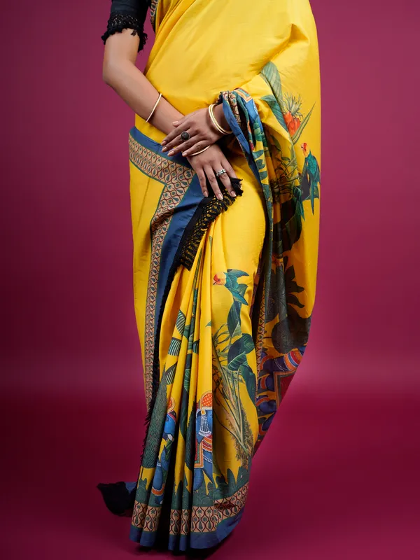 Yellow_Botanical_Printed_Pure_Cotton_Saree_For_Women