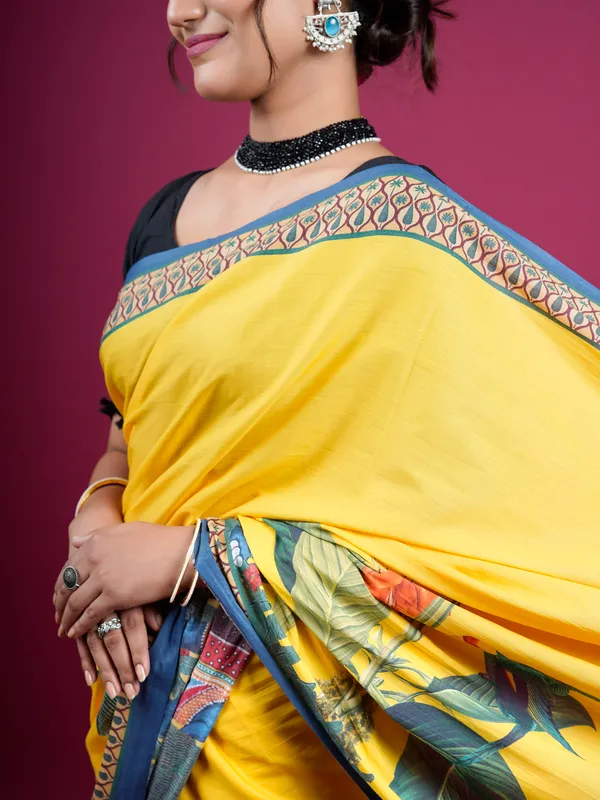 Yellow_Botanical_Printed_Pure_Cotton_Saree_For_Women
