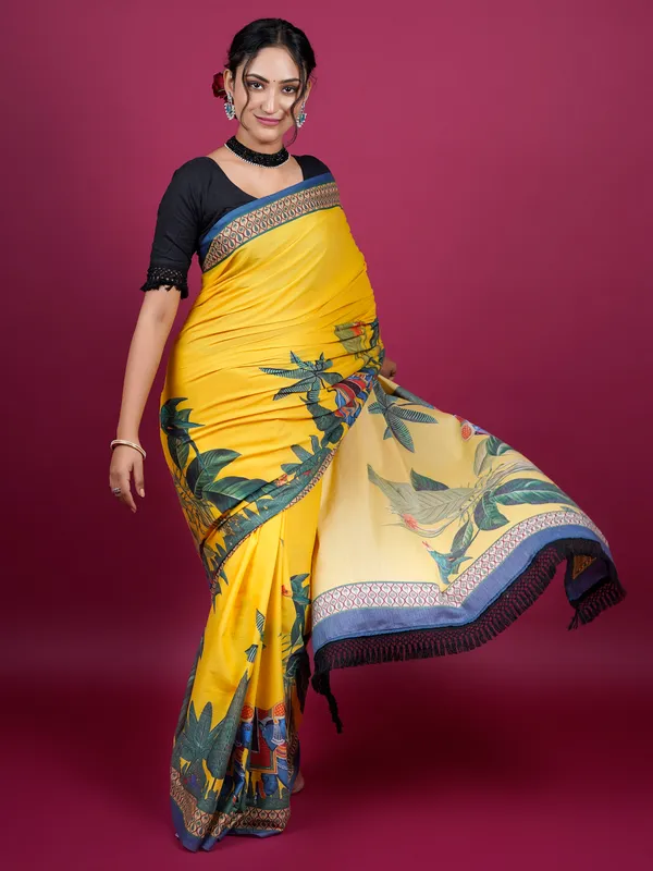 Yellow_Botanical_Printed_Pure_Cotton_Saree_For_Women