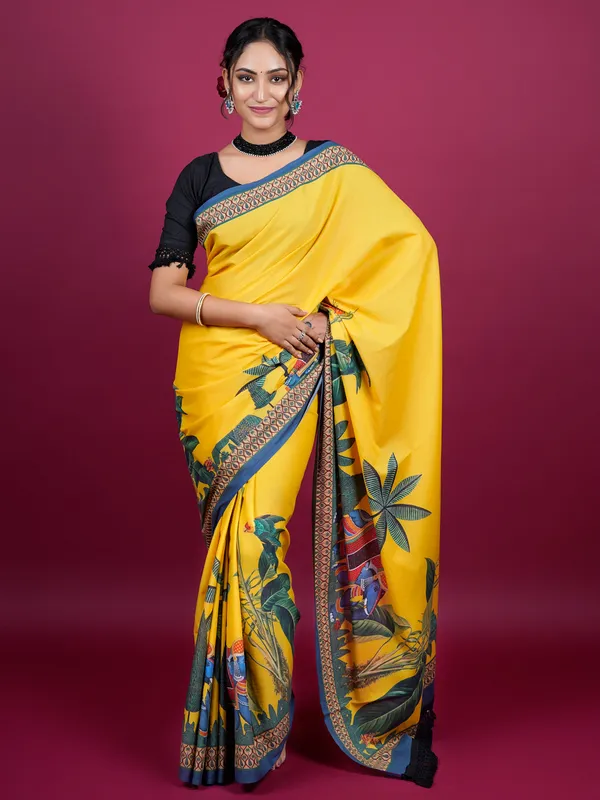 Yellow_Botanical_Printed_Pure_Cotton_Saree_For_Women