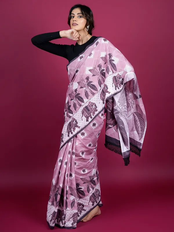 Lavender_Floral_Printed_Tassels_Embellishment_Pure_Cotton_Saree_For_Women