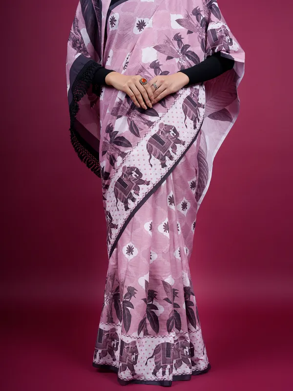 Lavender_Floral_Printed_Tassels_Embellishment_Pure_Cotton_Saree_For_Women