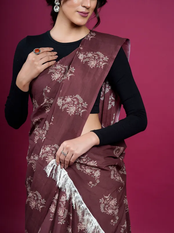 Coffee_Brown_Floral_Printed_Pure_Cotton_Saree_For_Women