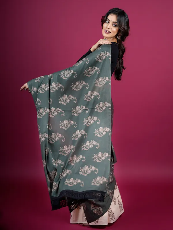 Black_Floral_Printed_Pure_Cotton_Half_And_Half_Saree_For_Women