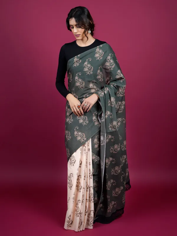 Black_Floral_Printed_Pure_Cotton_Half_And_Half_Saree_For_Women