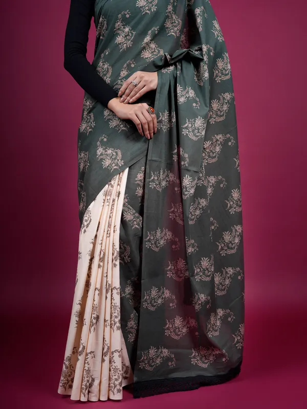 Black_Floral_Printed_Pure_Cotton_Half_And_Half_Saree_For_Women