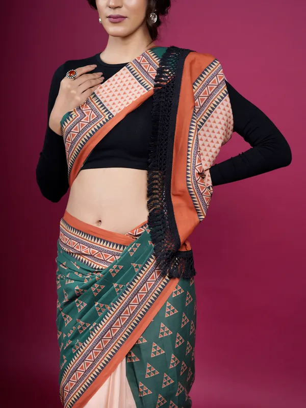 Green_Geometrical_Printed_Pure_Cotton_Half_And_Half_Saree_For_Women