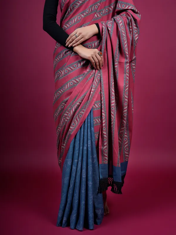 Red_Floral_Pure_Cotton_Half_And_Half_Saree_For_Women