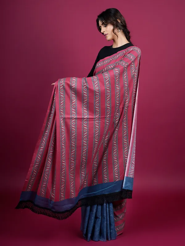 Red_Floral_Pure_Cotton_Half_And_Half_Saree_For_Women