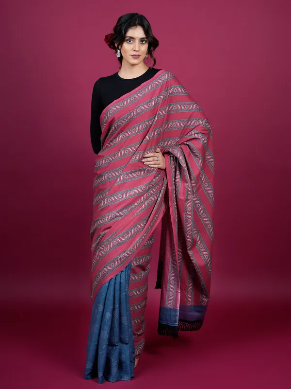 Red_Floral_Pure_Cotton_Half_And_Half_Saree_For_Women