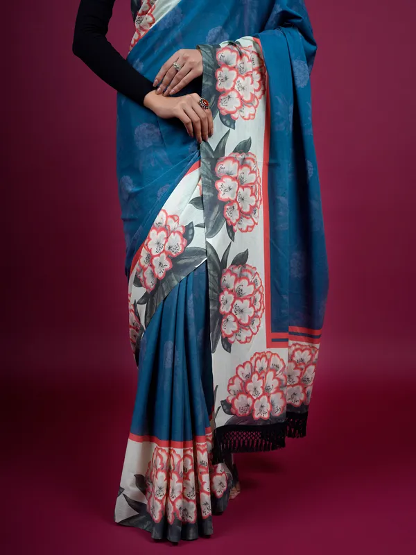 Blue_Floral_Printed_Pure_Cotton_Saree_For_Women