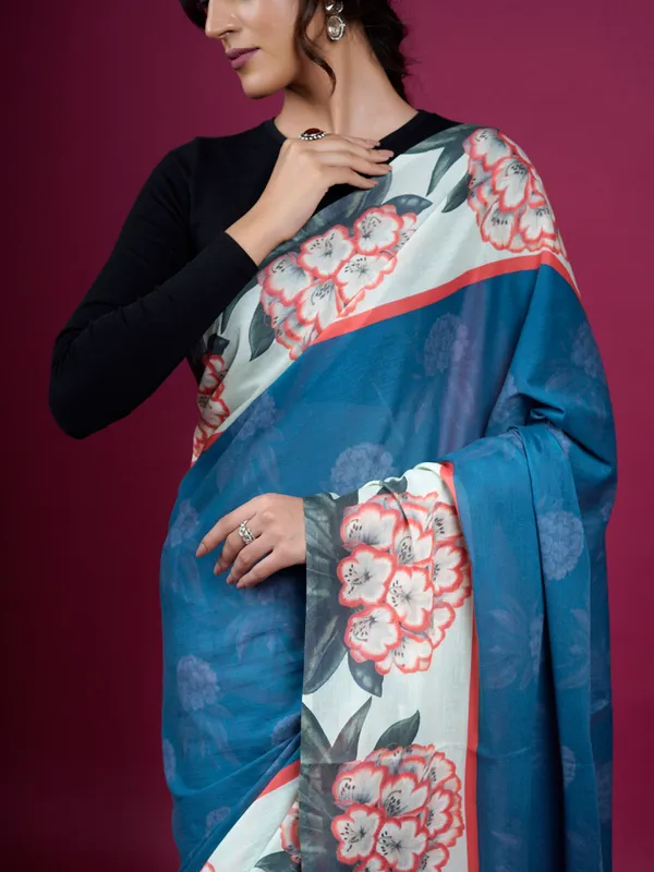 Blue_Floral_Printed_Pure_Cotton_Saree_For_Women