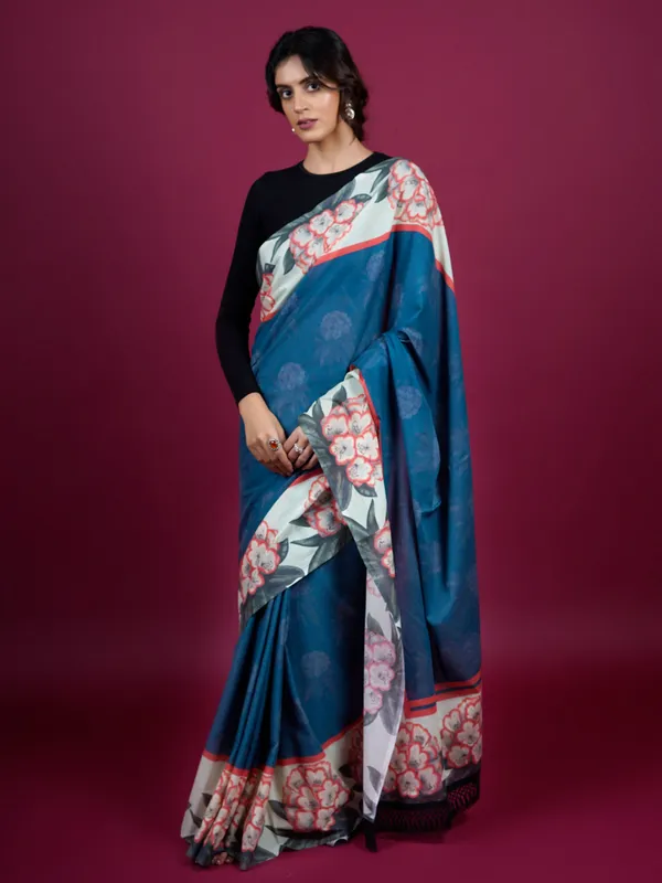 Blue_Floral_Printed_Pure_Cotton_Saree_For_Women