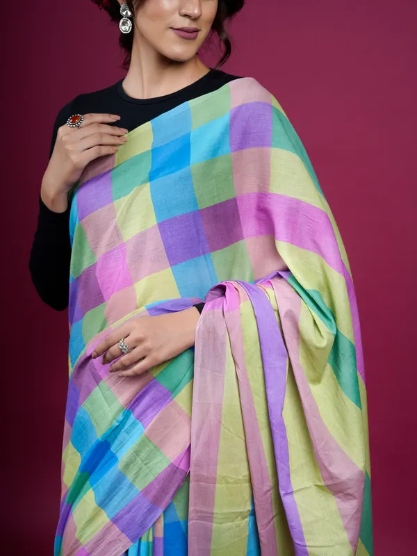Purple_Checked_Woven_Design_Pure_Cotton_Saree_For_Women